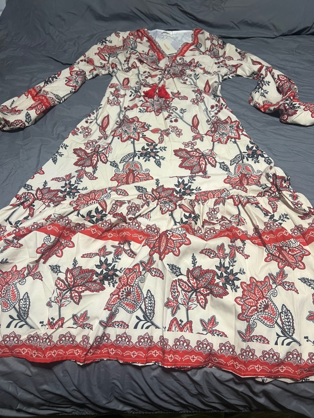 Sunny SpirIt Cream Floral Boho Maxi Dress with Red Detail